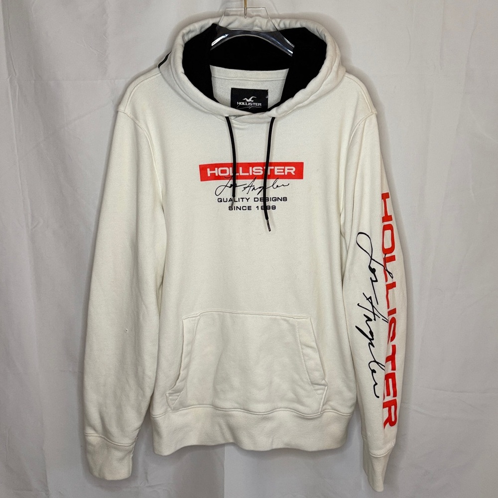 Hollister Men's Logo Pocket Hoodie Sweatshirt - White Black - Medium